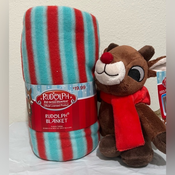 Holiday Rudolph Red-Nosed Reindeer Striped Blanket NWT - Picture 1 of 5